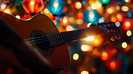 Obraz premium Acoustic guitar in focus with soft lantern glow, evoking warmth and artistic harmony