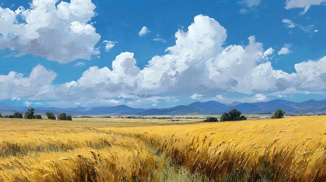 Golden wheat field under a vibrant sky.  Vast expanse of ripe grain stretching to distant mountains.  Fluffy white clouds dot a cerulean blue sky.  Peaceful countryside scene
