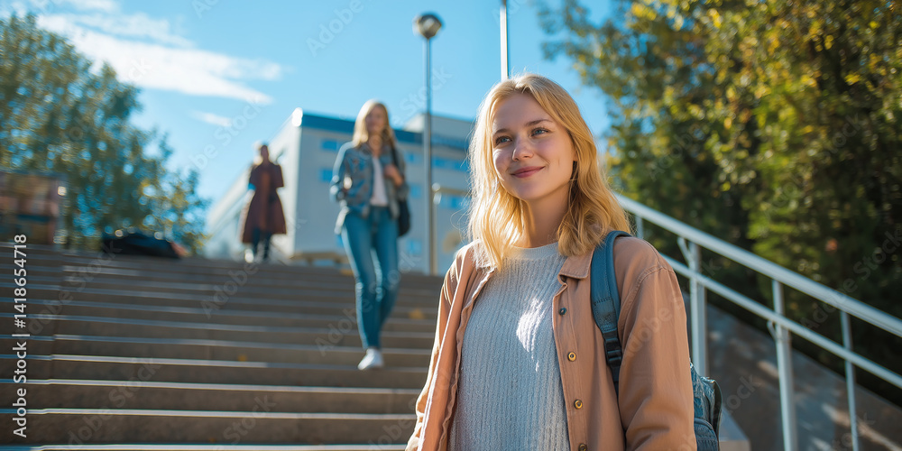 Poster smiling student walking up stairs on university campus