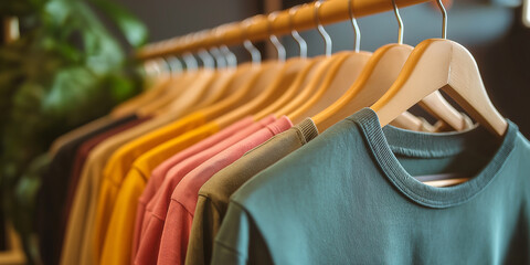 Colorful t-shirts hanging on wooden hangers in a clothing store