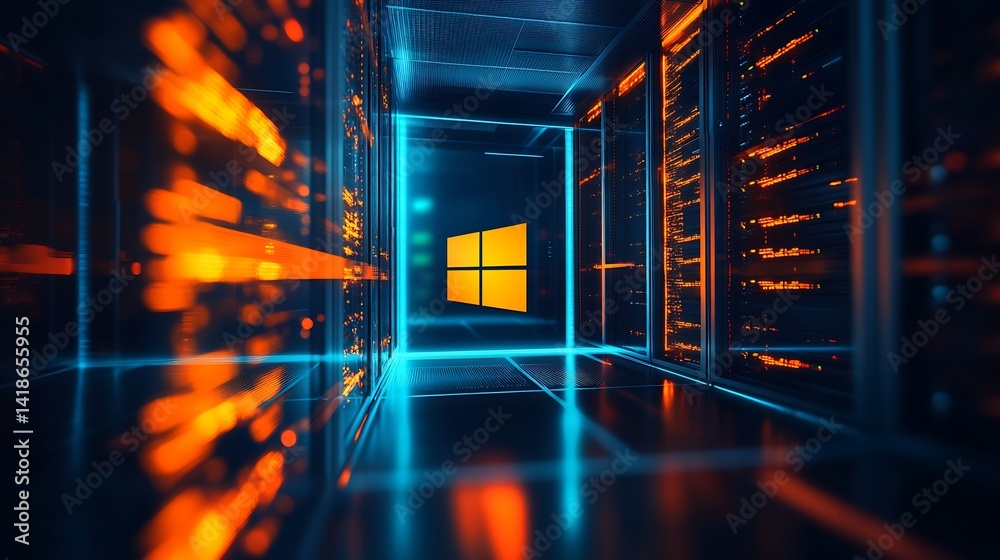 Aufkleber Futuristic technology environment featuring a server room illuminated by glowing neon lights and a Windows logo : Generative AI