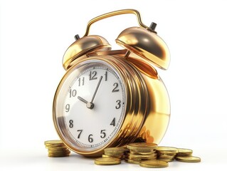 Golden alarm clock resting on a pile of gold coins.