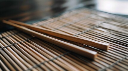 Wooden Chopsticks on Bamboo Mat