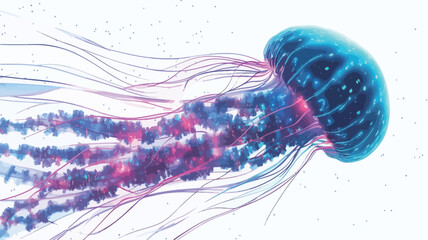 Close-up, digitally enhanced image of a jellyfish exhibiting bioluminescence. The jellyfish's bell is a vibrant teal, almost appearing digitally rendered, with darker teal and purple markings