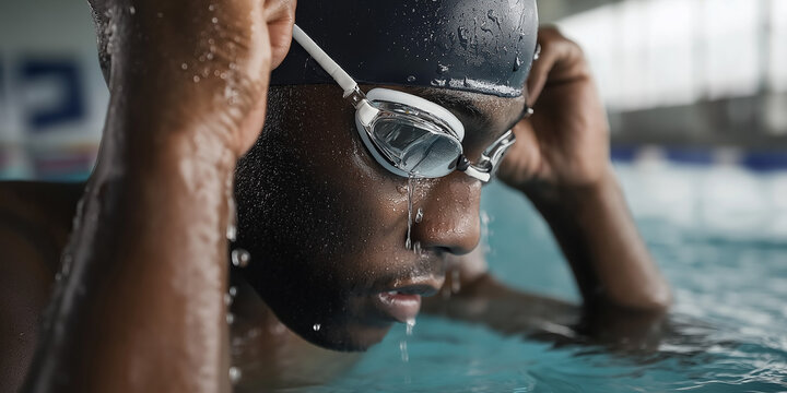 Determined swimmer adjusting goggles in indoor pool before training - Powered by Adobe