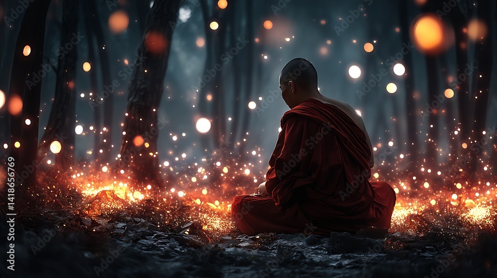 Aufkleber A meditative monk surrounded by a magical forest with glowing orbs and a serene atmosphere : Generative AI