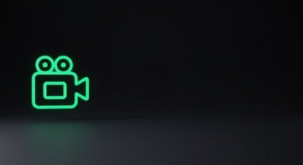 Obraz premium Neon Green Video Camera Icon on Dark Background: Minimalist Filmmaking Symbol