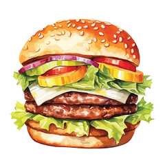 watercolor A juicy hamburger with melted cheese and vegetables illustration