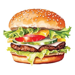 watercolor A juicy hamburger with melted cheese and vegetables illustration