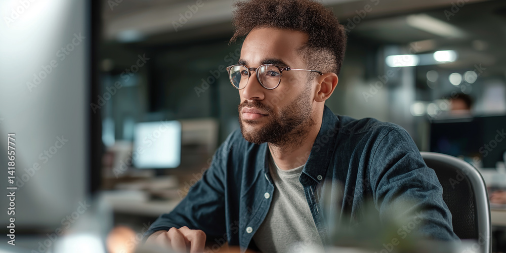 Poster Focused software developer working on computer in office at night