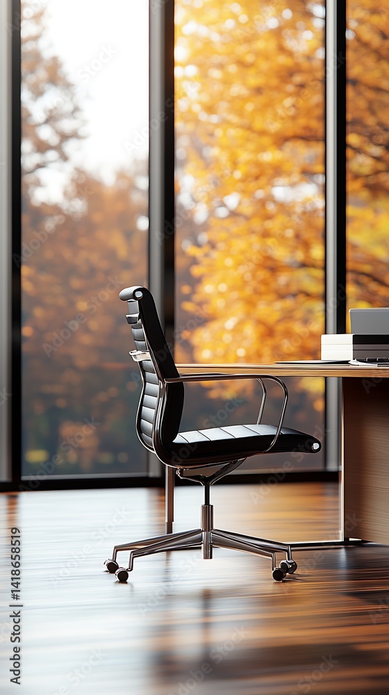 Aufkleber Stylish office chair positioned by large windows displaying beautiful autumn foliage with warm light streaming in : Generative AI