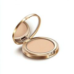elegant foundation packaging, Elegant gold makeup compact with open mirror, luxury round powder compact for beauty product packaging, minimal cosmetic foundation case isolated on white
