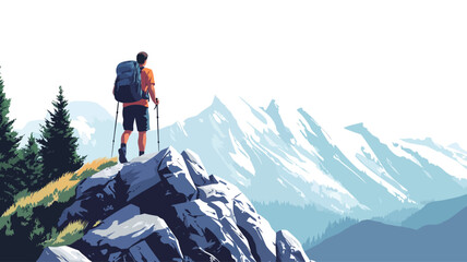 This digitally-painted illustration showcases a male figure, viewed from behind, standing atop a rocky outcrop. He is equipped with a backpack and trekking poles, gazing out at a breathtaking vista