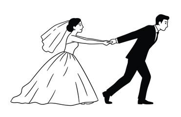 Fototapeta premium Bride dragging groom silhouette. This image shows a humorous depiction of a bride in a wedding dress pulling a groom in a tuxedo by the hand. Vector clipart illustration design.