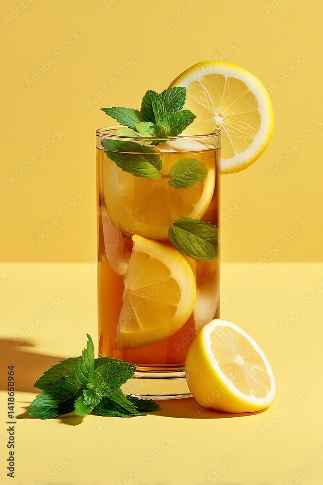 Poster refreshing iced tea with lemon slices and fresh mint leaves on a bright yellow background : generati