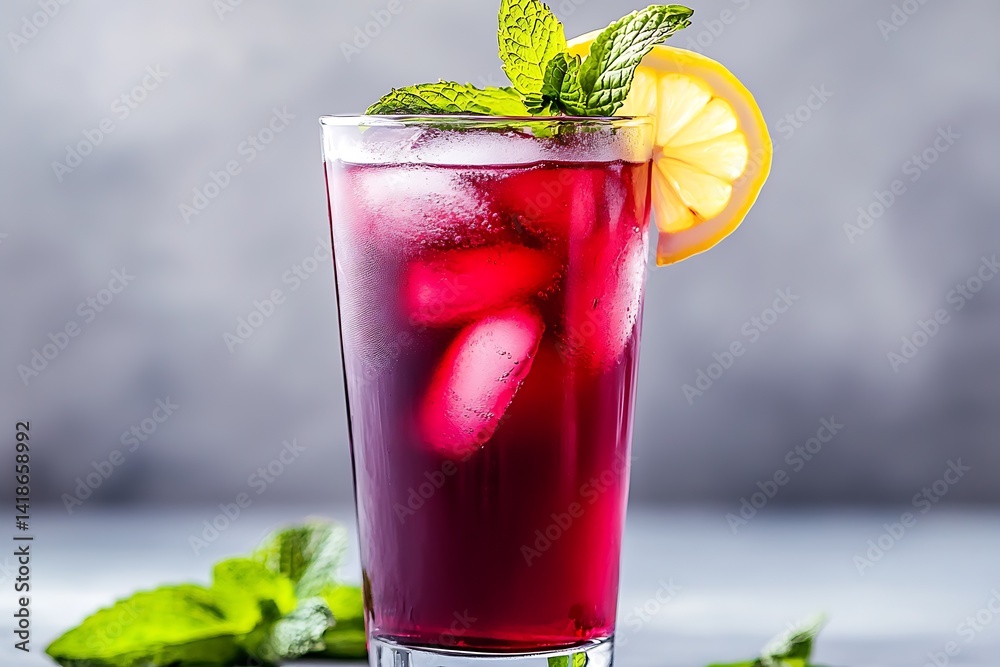 Poster refreshing cold beverage served in a glass with mint leaves and lemon slice for a summer drink : gen