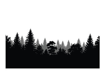 Obraz premium Forest skyline silhouette. A serene forest skyline image in silhouette form, featuring evergreen trees like pine, fir, and spruce in black and white contrast. Vector clipart illustration design.