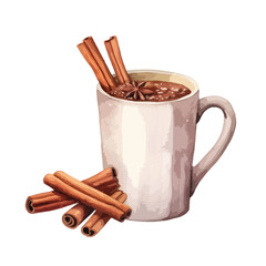 watercolor A mug of cocoa with a cinnamon stick illustration