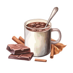 watercolor A mug of cocoa with a cinnamon stick illustration