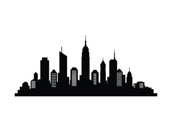 Cityscape silhouette. This image shows a black silhouette of a cityscape, highlighting modern skyscrapers and urban structures against a white background. Vector clipart illustration design.