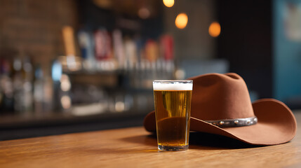 American bar, cold beer with a cowboy hat on a bar, american themed party, cowboy party at a local bar, alcoholic cold beveraged, american brewery