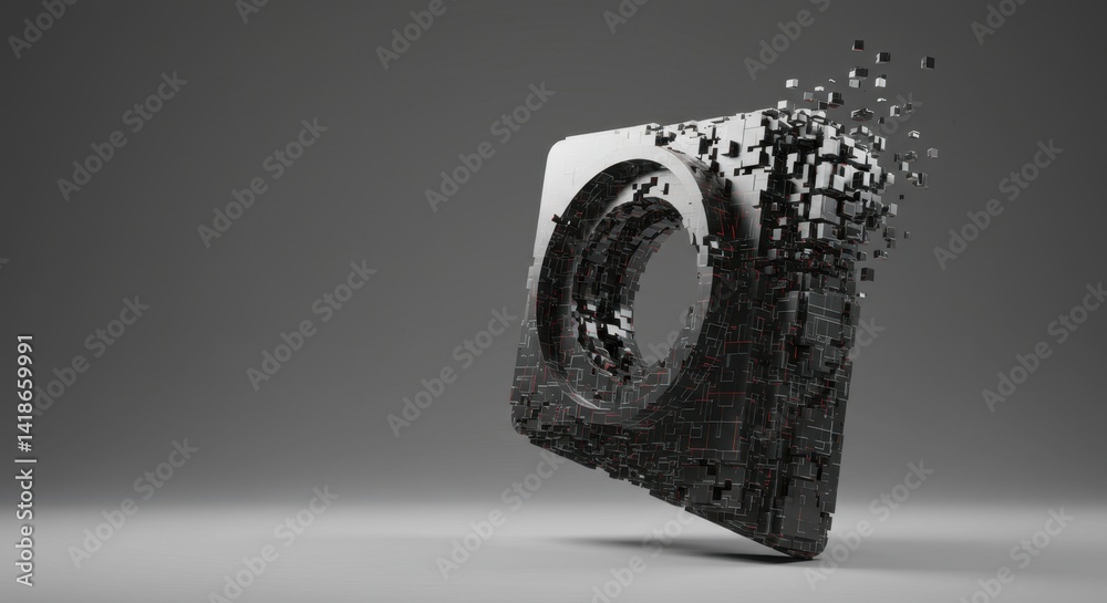 Poster abstract 3d render of a disintegrating cube form revealing a circular core structure with a gray bac