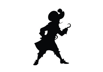 Captain hook silhouette. This image shows the silhouette of Captain Hook, a famous character with a hooked hand, symbolizing adventure and fantasy. Vector clipart illustration design.