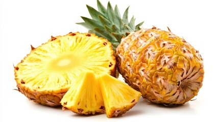 Fresh pineapple slices and whole fruit on a white background.