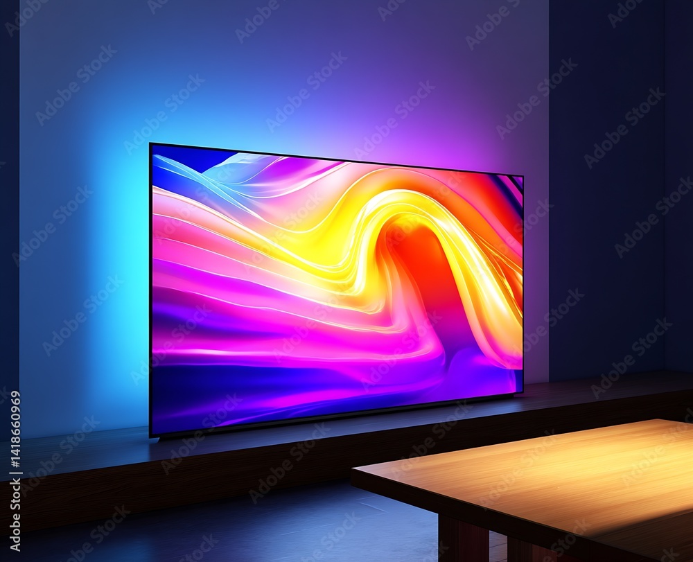 Poster Stunning LED Television Displaying Bright and Colorful Abstract Artwork in a Modern Setting : Generative AI