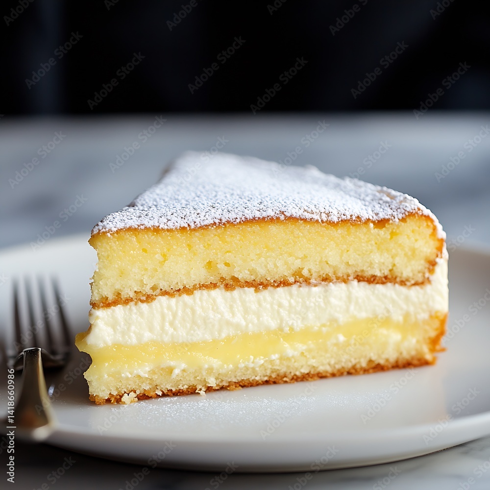 Poster layered cake slice featuring smooth cream filling and fine powdered sugar on a white plate : generat