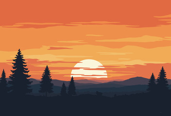 Obraz premium Painting sunset silhouette. This image depicts a serene silhouette of trees and mountains against a vivid sunset, showcasing a tranquil landscape scene. Vector clipart illustration design.