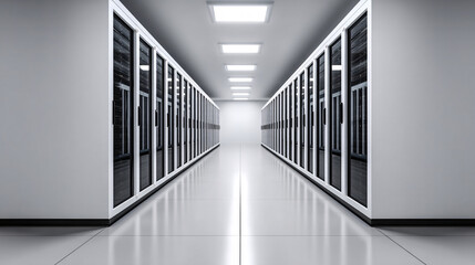 modern data center featuring rows of sleek, glowing servers lined up in spacious corridor, illuminated by bright overhead lights, creating high tech atmosphere