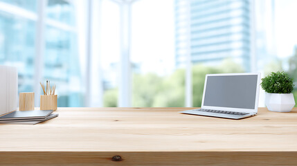 An empty desk table with business office background, modern office table mock up