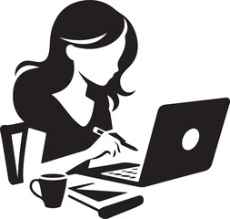 Girl working on laptop at the table with hearts Vector illustration

