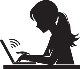 Girl working on laptop at the table with hearts Vector illustration
