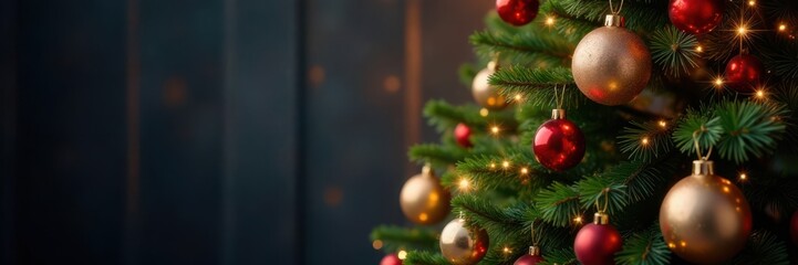 Fototapeta premium Christmas tree with sparkling lights and ornaments, season, festive