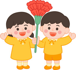 Cute Boy and Girl Holding a Red Carnation – Parents Day Illustration
