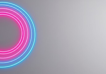 Abstract Neon Circles Background Design: Vibrant Pink and Blue Glowing Rings on Gray