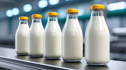 Fresh Milk Bottles on Conveyor Belt in Dairy Processing Facility