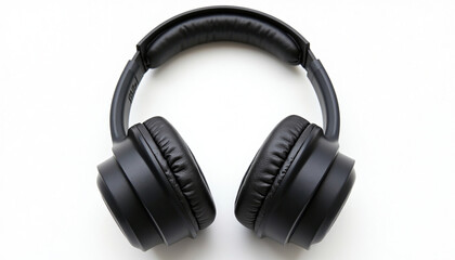 A pair of black headphones on a white surface.