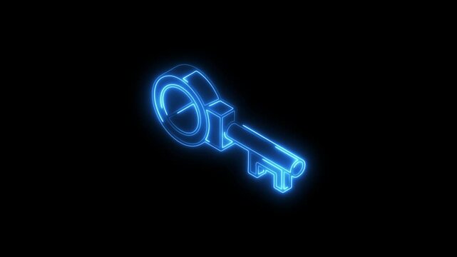 Glowing neon key icon 4k isolated on black background. HD Video motion graphic animation