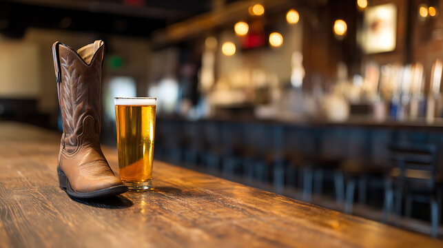 American bar, cold beer with a cowboy boot on a bar, american themed party, cowboy party at a local bar, alcoholic cold beveraged, american brewery