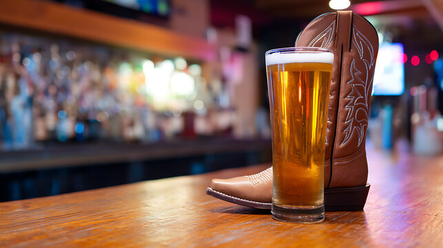 American bar, cold beer with a cowboy boot on a bar, american themed party, cowboy party at a local bar, alcoholic cold beveraged, american brewery