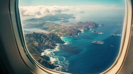 Aerial View of Coastal Landscape Through Airplane Window
