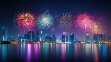 Spectacular cityscape illuminated with vibrant fireworks over tranquil waters