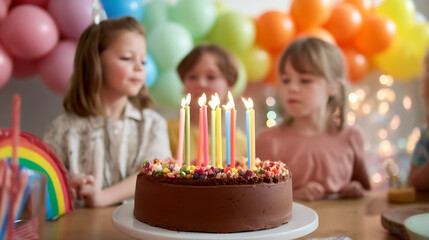 chocolate birthday cake with candles, birthday party for children, children having fun, colorful cake, rainbow, multicolored baloons and sparkles, chocolate, sugar and candies, candles, sweet dessert