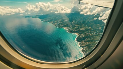 Aerial View of Coastline from Airplane Window