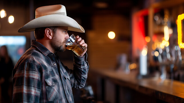 A man with a cowboy hat drinking a beer in a bar, american traditional bar, cold alcoholic beverage, romantic date in america, cowboy outfit