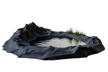 Abstract black landscape with small pond and grass growing on textured surface isolated on transparent background