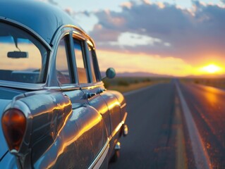 Vintage car on a road at sunset